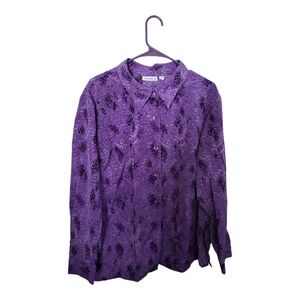 Susan Graver Collared Button Blouse Top Womens Plus Sz::1X Purple Printed Career